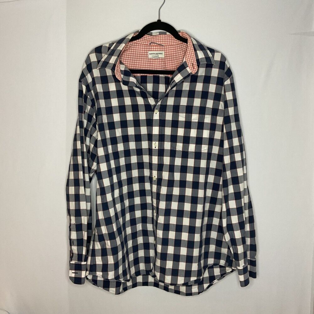Banana Republic Shirt Mens XL Blue Orange Long Sleeve Button‎ Up Check Flip Cuff